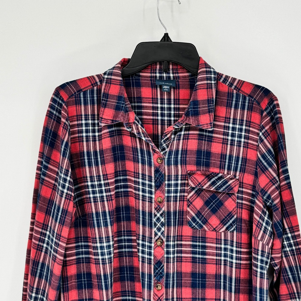 J Jill Denim Women's Red Navy Plaid Button Down Shirt Size Petite Large Cotton - Picture 2 of 12